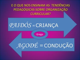 E O QUE NOS ENSINAM AS  TENDÊNCIAS PEDAGÓGICAS SOBRE ORGANIZAÇÃO CURRICULAR? PAIDÓS  =  CRIANÇA AGODÉ =  CONDUÇÃO Grego 