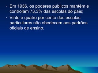 Em 1936, os poderes públicos mantêm e controlam 73,3% das escolas do país;  Vinte e quatro por cento das escolas particulares não obedecem aos padrões oficiais de ensino.  