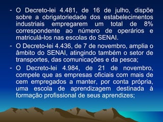 O Decreto-lei 4.481, de 16 de julho, dispõe sobre a obrigatoriedade dos estabelecimentos industriais empregarem um total de 8% correspondente ao número de operários e matriculá-los nas escolas do SENAI. O Decreto-lei 4.436, de 7 de novembro, amplia o âmbito do SENAI, atingindo também o setor de transportes, das comunicações e da pesca; O Decreto-lei 4.984, de 21 de novembro, compele que as empresas oficiais com mais de cem empregados a manter, por conta própria, uma escola de aprendizagem destinada à formação profissional de seus aprendizes;  