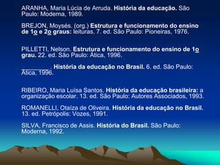 ARANHA, Maria Lúcia de Arruda. História da educação. São
Paulo: Moderna, 1989.
BREJON, Moysés. (org.) Estrutura e funcionamento do ensino
de 1o e 2o graus: leituras. 7. ed. São Paulo: Pioneiras, 1976.
PILLETTI, Nelson. Estrutura e funcionamento do ensino de 1o
grau. 22. ed. São Paulo: Ática, 1996.
________ . História da educação no Brasil. 6. ed. São Paulo:
Ática, 1996.
RIBEIRO, Maria Luísa Santos. História da educação brasileira: a
organização escolar. 13. ed. São Paulo: Autores Associados, 1993.
ROMANELLI, Otaíza de Oliveira. História da educação no Brasil.
13. ed. Petrópolis: Vozes, 1991.
SILVA, Francisco de Assis. História do Brasil. São Paulo:
Moderna, 1992.
 