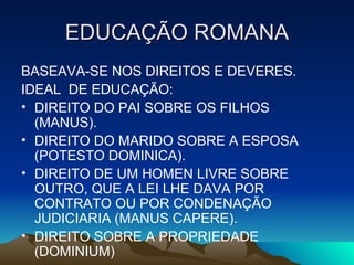 EDUCAÇÃO ROMANA BASEAVA-SE NOS DIREITOS E DEVERES. IDEAL  DE EDUCAÇÃO: DIREITO DO PAI SOBRE OS FILHOS (MANUS). DIREITO DO MARIDO SOBRE A ESPOSA (POTESTO DOMINICA). DIREITO DE UM HOMEN LIVRE SOBRE OUTRO, QUE A LEI LHE DAVA POR CONTRATO OU POR CONDENAÇÃO JUDICIARIA (MANUS CAPERE). DIREITO SOBRE A PROPRIEDADE (DOMINIUM) 