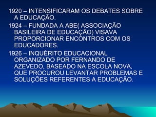1920 – INTENSIFICARAM OS DEBATES SOBRE A EDUCAÇÃO. 1924 – FUNDADA A ABE( ASSOCIAÇÃO BASILEIRA DE EDUCAÇÃO) VISAVA PROPORCIONAR ENCONTROS COM OS EDUCADORES. 1926 – INQUÉRITO EDUCACIONAL ORGANIZADO POR FERNANDO DE AZEVEDO, BASEADO NA ESCOLA NOVA, QUE PROCUROU LEVANTAR PROBLEMAS E SOLUÇÕES REFERENTES A EDUCAÇÃO. 