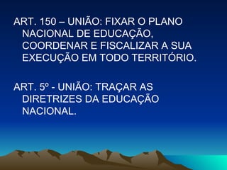 ART. 150 – UNIÃO: FIXAR O PLANO NACIONAL DE EDUCAÇÃO, COORDENAR E FISCALIZAR A SUA EXECUÇÃO EM TODO TERRITÓRIO. ART. 5º - UNIÃO: TRAÇAR AS DIRETRIZES DA EDUCAÇÃO NACIONAL. 