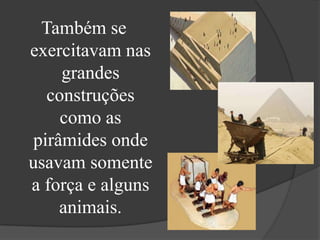 Também se
exercitavam nas
    grandes
  construções
    como as
pirâmides onde
usavam somente
a força e alguns
    animais.
 
