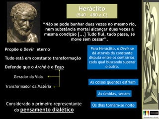 Heráclito
(540 – 480 a.C)
“Não se pode banhar duas vezes no mesmo rio,
nem substância mortal alcançar duas vezes a
mesma condição [...] Tudo flui, tudo passa, se
move sem cessar”.
Defende que o Arché é o Fogo
Propõe o Devir eterno
Tudo está em constante transformação
Para Heráclito, o Devir se
dá através da constante
disputa entre os contrários,
cada qual buscando superar
o outro.
Gerador da Vida
Transformador da Matéria
As coisas quentes esfriam
As úmidas, secam
Os dias tornam-se noiteConsiderado o primeiro representante
do pensamento dialético
 