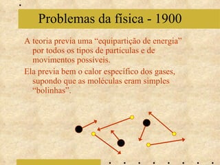 A teoria previa uma “equipartição de energia” por todos os tipos de partículas e de movimentos possíveis. Ela previa bem o calor específico dos gases, supondo que as moléculas eram simples “bolinhas”. Problemas da física - 1900 