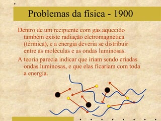 Dentro de um recipiente com gás aquecido também existe radiação eletromagnética (térmica), e a energia deveria se distribuir entre as moléculas e as ondas luminosas. A teoria parecia indicar que iriam sendo criadas ondas luminosas, e que elas ficariam com toda a energia.  Problemas da física - 1900 