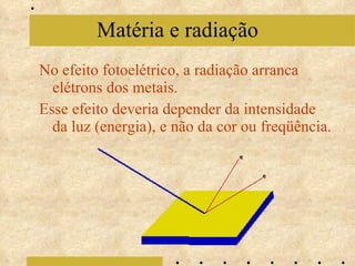 No efeito fotoelétrico, a radiação arranca elétrons dos metais.  Esse efeito deveria depender da intensidade da luz (energia), e não da cor ou freqüência. Matéria e radiação 