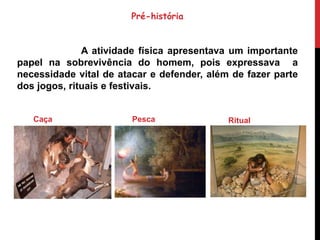 Pré-história
A atividade física apresentava um importante
papel na sobrevivência do homem, pois expressava a
necessidade vital de atacar e defender, além de fazer parte
dos jogos, rituais e festivais.
Caça Pesca Ritual
 