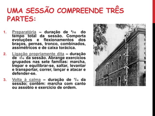 UMA SESSÃO COMPREENDE TRÊS
PARTES:
1. Preparatória – duração de ²/10 do
tempo total da sessão. Comporta
evoluções e flexionamentos dos
braços, pernas, tronco, combinados,
assimétricos e de caixa torácica.
2. Ligação propriamente dita – duração
de 7/10 da sessão. Abrange exercícios
grupados nas sete famílias: marcha,
trepar e equilibrar-se, saltar, levantar
e transportar, correr, lançar e atacar e
defender-se.
3. Volta à calma – duração de ¹/10 da
sessão; contém: marcha com canto
ou assobio e exercício de ordem.
 