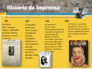 História da Imprensa

Em 09 de           É lançada a      Ao assumir O              Os Diários Associados
abril, Joaquim                      Jornal, Assis             lançam O Cruzeiro, no
                   americana
                                    Chateaubriand dá início   Rio de Janeiro, a primeira
Nabuco e Rodolfo   Time, revista
                                    ao primeiro império de    revista semanal brasileira
de Souza Dantas    semanal de                                 de circulação em todo o
                                    comunicação do
fundam o Jornal    notícias         Brasil, os Diários        país.
do Brasil.         fortemente       Associados, que toma
                   opinativas, o    este nome logo após a
                   mais poderoso    Revolução de 1930 e
                   meio de          que no anos de 1990
                   comunicação      passaria a chamar-se
                   dos EUA          Associados.
                   durante várias
                   décadas.
 