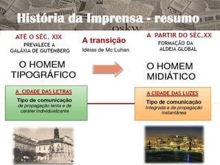 História da Imprensa - resumo

O decreto 1.177       Criado o           O jornal Folha de     No dia 12 de maio, a
define o              Conselho           São Paulo             Folha de São Paulo
profissional de       Superior de        encampa a             alcança a maior
jornalismo e suas     Censura.           campanha Diretas      circulação de história
funções e             Lançada a          Já, pela eleição do   da imprensa brasileira:
condiciona o          revista Veja e     novo presidente da    1.613.872 exemplares.
exercício do          Leia, da Editora   República. Dois       Em maio, o Jornal do
                                         anos
jornalismo ao         Abril, mais                              Brasil inaugura o
                                         depois, alcança o
DIPLOMA de            tarde Veja.        posto de primeiro
                                                               primeiro jornal
curso superior e ao                      jornal do país em     eletrônico do país, o
registro no                              volume de             JB Online.
Ministério do                            vendas, desbancan
Trabalho.                                do O Globo, que
                                         matinha liderança
                                         desde a década de
                                         1930.
 