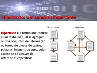 Hipertexto: Um conceito importanteHipertexto: Um conceito importante
HipertextoHipertexto é o termo que remete
a um texto, ao qual se agregam
outros conjuntos de informação
na forma de blocos de textos,
palavras, imagens ou sons, cujo
acesso se dá através de
referências específicas.
 