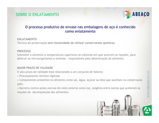 SOBRE O ENLATAMENTO


      O processo produtivo de envase nas embalagens de aço é conhecido
                              como enlatamento

ENLATAMENTO
Técnica de preservação sem necessidade de utilizar conservantes químicos.

PROCESSO
Submeter o alimento a temperaturas superiores às máximas em que ocorrem as reações, para
destruir os microorganismos e enzimas – responsáveis pela deterioração do alimento.


MAIOR PRAZO DE VALIDADE
O alto prazo de validade está relacionado a um conjunto de fatores:
• Processamento térmico rigoroso
• Componentes presentes no alimento como sal, água, açúcar ou óleo que auxiliam na conservação
(pH).
• Barreira contra ações nocivas do meio externo como luz, oxigênio entre outras que aceleram as
reações de decomposição dos alimentos.
 