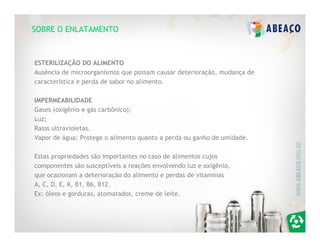 SOBRE O ENLATAMENTO



ESTERILIZAÇÃO DO ALIMENTO
Ausência de microorganismos que possam causar deterioração, mudança de
característica e perda de sabor no alimento.

IMPERMEABILIDADE
Gases (oxigênio e gás carbônico);
Luz;
Raios ultravioletas.
Vapor de água: Protege o alimento quanto a perda ou ganho de umidade.

Estas propriedades são importantes no caso de alimentos cujos
componentes são susceptíveis a reações envolvendo luz e oxigênio,
que ocasionam a deterioração do alimento e perdas de vitaminas
A, C, D, E, K, B1, B6, B12.
Ex: óleos e gorduras, atomatados, creme de leite.
 