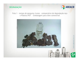 DEGRADAÇÃO


  Foto 1 – tempo de pesquisa 4 anos – comparativo de degradação Aço
            x Plástico PET - Embalagem para óleo comestível
 