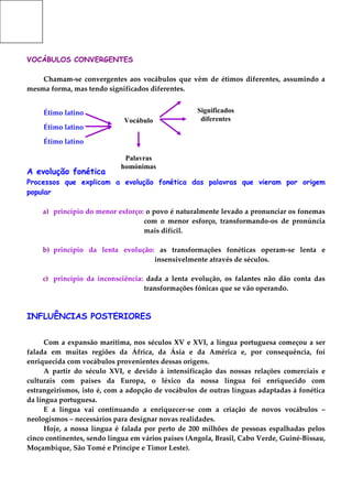 VOCÁBULOS CONVERGENTES
Chamam-se convergentes aos vocábulos que vêm de étimos diferentes, assumindo a
mesma forma, mas tendo significados diferentes.
Étimo latino
Étimo latino
Étimo latino
A evolução fonética
Processos que explicam a evolução fonética das palavras que vieram por origem
popular
a) princípio do menor esforço: o povo é naturalmente levado a pronunciar os fonemas
com o menor esforço, transformando-os de pronúncia
mais difícil.
b) princípio da lenta evolução: as transformações fonéticas operam-se lenta e
insensivelmente através de séculos.
c) princípio da inconsciência: dada a lenta evolução, os falantes não dão conta das
transformações fónicas que se vão operando.
INFLUÊNCIAS POSTERIORES
Com a expansão marítima, nos séculos XV e XVI, a língua portuguesa começou a ser
falada em muitas regiões da África, da Ásia e da América e, por consequência, foi
enriquecida com vocábulos provenientes dessas origens.
A partir do século XVI, e devido à intensificação das nossas relações comerciais e
culturais com países da Europa, o léxico da nossa língua foi enriquecido com
estrangeirismos, isto é, com a adopção de vocábulos de outras línguas adaptadas à fonética
da língua portuguesa.
E a língua vai continuando a enriquecer-se com a criação de novos vocábulos –
neologismos – necessários para designar novas realidades.
Hoje, a nossa língua é falada por perto de 200 milhões de pessoas espalhadas pelos
cinco continentes, sendo língua em vários países (Angola, Brasil, Cabo Verde, Guiné-Bissau,
Moçambique, São Tomé e Príncipe e Timor Leste).
Vocábulo
Significados
diferentes
Palavras
homónimas
 