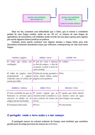 Hoje em dia, aceitamos com dificuldade que o latim, que se tornou o verdadeiro
padrão de uma língua erudita, ainda no séc. III a.C. se tratasse de uma língua de
agricultores, de mercadores e de soldados, tendo servido até essa época apenas para registar
por escrito algumas formas jurídicas ou práticas.
Contudo, basta porém examinar com alguma atenção a língua latina para nela
descortinar facilmente abundantes traços que reflectem a omnipresença da vida rural nesta
língua:
PAGINA > página VERSO > verso LEGERE > ler
1º vinha que cobria um
rectângulo
1º acto de «virar a charrua
ao fim do campo», a fim de
se passar a sulcar a terra no
outro sentido
1º «colher»
2º folha de papiro, mais
propriamente a página
contendo uma só coluna de
escrita por folha
2º linha de escrita, paralela a
outras tantas linhas numa
página (verso poético)
2º ler
RUBRICA > rubrica LIBER > livro RIVALIS > rival
1º terra vermelha de que os
Romanos se serviam para
escrever os títulos ou os
artigos das leis do Estado
1º tecido vegetal que se
encontra entre a madeira e a
casca exterior do tronco da
árvore
1º aquele que tinha direito
ao mesmo curso de água
para irrigar o seu campo
2º assinatura abreviada 2º livro 2º concorrente
O português: «onde a terra acaba e o mar começa»
O português nasceu no extremo sudoeste da Europa, num território que constituía
grande parte da antiga província de romana da LUSITANIA.
QUEDA DO IMPÉRIO
DO OCIDENTE
QUEDA DO IMPÉRIO
DO ORIENTE
(FIM DA IDADE MÉDIA)
 