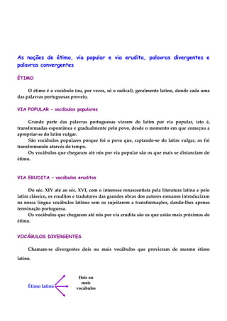 As noções de étimo, via popular e via erudita, palavras divergentes e
palavras convergentes
ÉTIMO
O étimo é o vocábulo (ou, por vezes, só o radical), geralmente latino, donde cada uma
das palavras portuguesas proveio.
VIA POPULAR – vocábulos populares
Grande parte das palavras portuguesas vieram do latim por via popular, isto é,
transformadas espontânea e gradualmente pelo povo, desde o momento em que começou a
apropriar-se do latim vulgar.
São vocábulos populares porque foi o povo que, captando-se do latim vulgar, os foi
transformando através do tempo.
Os vocábulos que chegaram até nós por via popular são os que mais se distanciam do
étimo.
VIA ERUDITA – vocábulos eruditos
Do séc. XIV até ao séc. XVI, com o interesse renascentista pela literatura latina e pelo
latim clássico, os eruditos e tradutores das grandes obras dos autores romanos introduziram
na nossa língua vocábulos latinos sem os sujeitarem a transformações, dando-lhes apenas
terminação portuguesa.
Os vocábulos que chegaram até nós por via erudita são os que estão mais próximos do
étimo.
VOCÁBULOS DIVERGENTES
Chamam-se divergentes dois ou mais vocábulos que provieram do mesmo étimo
latino.
Étimo latino
Dois ou
mais
vocábulos
 