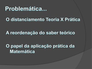 Problemática...O distanciamento Teoria X PráticaA reordenação do saber teóricoO papel da aplicação prática da Matemática