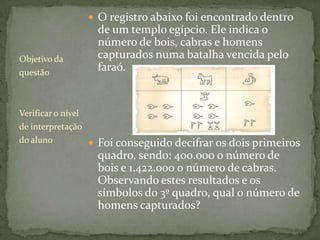 O registro abaixo foi encontrado dentro de um templo egípcio. Ele indica o número de bois, cabras e homens capturados numa batalha vencida pelo faraó.Foi conseguido decifrar os dois primeiros quadro, sendo: 400.000 o número de bois e 1.422.000 o número de cabras. Observando estes resultados e os símbolos do 3º quadro, qual o número de homens capturados?Objetivo da questãoVerificar o nível de interpretação do aluno