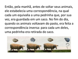 Então, pela manhã, antes de soltar seus animais,
ele estabelecia uma correspondência, na qual
cada um equivalia a uma pedrinha que, por sua
vez, era guardada em um saco. No fim do dia,
quando os animais voltavam do pasto, era feita a
correspondência inversa: para cada um deles,
uma pedrinha era retirada do saco.
 