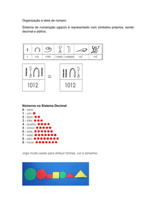 Organização á ideia de número

Sistema de numeração egípcio é representado com símbolos próprios, sendo
decimal e aditivo.




Números no Sistema Decimal
0 - zero:
1 - um:
2 - dois:
3 - três:
4 - quatro:
5 - cinco:
6 - seis:
7 - sete:
8 - oito:
9 - nove:


Jogo muito usado para atribuir formas, cor e tamanho.
 