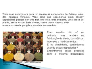HISTÓRIA , 7º Ano do Ensino Fundamental 
Expansão Marítima e Comercial Europeia 
Eram usadas não só na 
culinária, mas também na 
fabricação de óleos, cosméticos, 
incensos e medicamentos. 
E na atualidade, continuamos 
usando essas especiarias? 
Encontramos esses produtos 
com a mesma dificuldade? 
Imagem: Especiarías / heydrienne / Creative Commons Attribution 
2.0 Generic. 
 