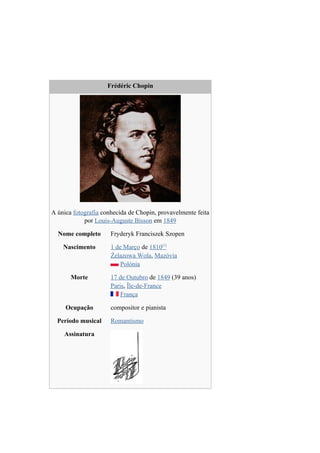 Frédéric Chopin




A única fotografia conhecida de Chopin, provavelmente feita
            por Louis-Auguste Bisson em 1849

  Nome completo       Fryderyk Franciszek Szopen

    Nascimento        1 de Março de 1810[1]
                      Żelazowa Wola, Mazóvia
                          Polónia

       Morte          17 de Outubro de 1849 (39 anos)
                      Paris, Île-de-France
                          França

     Ocupação         compositor e pianista

  Período musical     Romantismo

    Assinatura
 