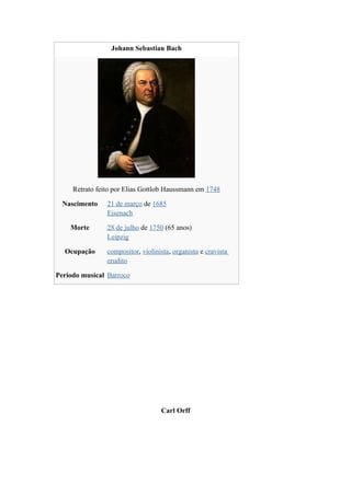 Johann Sebastian Bach




     Retrato feito por Elias Gottlob Haussmann em 1748

  Nascimento    21 de março de 1685
                Eisenach

    Morte       28 de julho de 1750 (65 anos)
                Leipzig

  Ocupação      compositor, violinista, organista e cravista
                erudito

Período musical Barroco




                                   Carl Orff
 