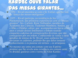 Kardec ouve falar
das mesas girantes...
1854 – Rivail encontra-se com o Sr. Fortier, que lhe fala
da “dança das mesas-inteligentes”.
1855 – Rivail participa, na residência da Sra.
Plainemaison, das primeiras experiências com as “mesas-
girantes”. Srs. Carlotti, René Taillandier, membro da
Academia das Ciências, Tiedeman-Manthèse, Sardou, pai
e filho, e Diddier, editor, que acompanhavam havia cinco
anos o estudo desses fenômenos e tinham reunido
cinquenta cadernos de comunicações diversas, que não
conseguiam pôr em ordem. Conhecendo as vastas e raras
aptidões de síntese do Sr. Rivail, esses senhores lhe
enviaram os cadernos, pedindo-lhe que deles tomasse
conhecimento e os pusesse em termos -, os arranjasse.
No mesmo ano entra em contato com seu Espírito
protetor que lhe revela uma existência em comum entre
os druidas gauleses com o nome de Allan Kardec.
 