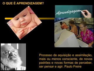 O QUE É APRENDIZAGEM?




                  Processo de aquisição e assimilação,
                  mais ou menos consciente, de novos
                  padrões e novas formas de perceber,
                  ser pensar e agir. Paulo Freire
 