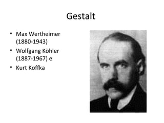Gestalt
• Max Wertheimer
(1880-1943)
• Wolfgang Köhler
(1887-1967) e
• Kurt Koffka
 