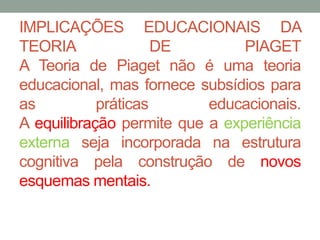 IMPLICAÇÕES EDUCACIONAIS DA 
TEORIA DE PIAGET 
A Teoria de Piaget não é uma teoria 
educacional, mas fornece subsídios para 
as práticas educacionais. 
A equilibração permite que a experiência 
externa seja incorporada na estrutura 
cognitiva pela construção de novos 
esquemas mentais. 
 