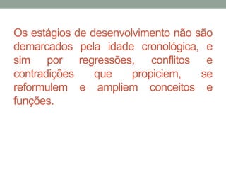 Os estágios de desenvolvimento não são 
demarcados pela idade cronológica, e 
sim por regressões, conflitos e 
contradições que propiciem, se 
reformulem e ampliem conceitos e 
funções. 
 