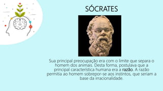 SÓCRATES
Sua principal preocupação era com o limite que separa o
homem dos animais. Desta forma, postulava que a
principal característica humana era a razão. A razão
permitia ao homem sobrepor-se aos instintos, que seriam a
base da irracionalidade.
 