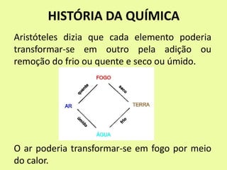 HISTÓRIA DA QUÍMICA
Aristóteles dizia que cada elemento poderia
transformar-se em outro pela adição ou
remoção do frio ou quente e seco ou úmido.
O ar poderia transformar-se em fogo por meio
do calor.
 