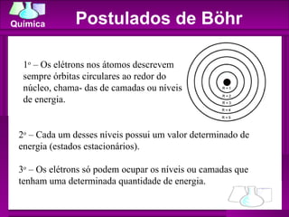 Postulados de Böhr 1 o  – Os elétrons nos átomos descrevem sempre órbitas circulares ao redor do núcleo, chama- das de camadas ou níveis de energia. 2 o  – Cada um desses níveis possui um valor determinado de energia (estados estacionários).  3 o  – Os elétrons só podem ocupar os níveis ou camadas que tenham uma determinada quantidade de energia.  