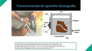 Aparelho para gamagrafia industrial, projetado para operação com
capacidade máxima de 100 Ci de Ir-192. O transito interno da fonte no
interior da blindagem é feita no canal em forma de "S "
 