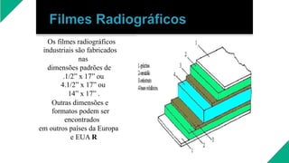 Os filmes radiográficos
industriais são fabricados
nas
dimensões padrões de
.1/2” x 17” ou
4.1/2” x 17” ou
14” x 17” .
Outras dimensões e
formatos podem ser
encontrados
em outros países da Europa
e EUA R
 