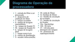









1 - entrada do filme a ser
processado
2 - dispositivo de
condução do filme
3 - tanque revelador
4 - tanque de lavagem
intermediária
5a - tanque de fixação F1
5b - tanque de fixação F2
6 - tanque de lavagem
final
7 - tampa removíveis
8 - roletes de distribuição
9 - secador infravermelho








10- saída de filmes
11- bandeja de filmes
12 - bomba de circulação
de revelador
13 - bomba de circulação
de fixador
14a - liga/desliga
14b - fio terra
15 - válvulas para
drenagem dos tanques
16 - protetores de
superaquecimento
 