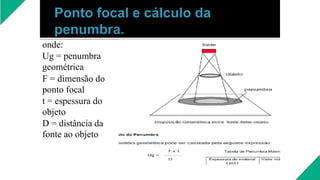 onde:
Ug = penumbra
geométrica
F = dimensão do
ponto focal
t = espessura do
objeto
D = distância da
fonte ao objeto
 