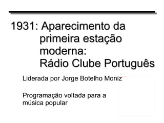 1931:  Aparecimento da primeira estação moderna: Rádio Clube Português Liderada por Jorge Botelho Moniz Programação voltada para a  música popular 