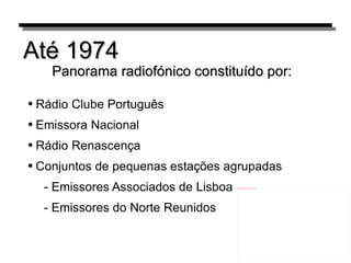 Até 1974 Panorama radiofónico constituído por: Rádio Clube Português Emissora Nacional Rádio Renascença Conjuntos de pequenas estações agrupadas - Emissores Associados de Lisboa - Emissores do Norte Reunidos 