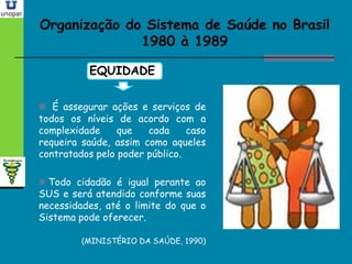 Organização do Sistema de Saúde no BrasilOrganização do Sistema de Saúde no Brasil
1980 à 19891980 à 1989
EQUIDADE
 É assegurar ações e serviços de
todos os níveis de acordo com a
complexidade que cada caso
requeira saúde, assim como aqueles
contratados pelo poder público.
 Todo cidadão é igual perante ao
SUS e será atendido conforme suas
necessidades, até o limite do que o
Sistema pode oferecer.
(MINISTÉRIO DA SAÚDE, 1990)
 