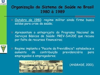 Organização do Sistema de Saúde no BrasilOrganização do Sistema de Saúde no Brasil
1980 à 19891980 à 1989
 Outubro de 1980: regime militar ainda firme busca
saídas para crise da saúde;
 Apresentam o anteprojeto do Programa Nacional de
Serviços Básicos de Saúde: PREV-SAÚDE que recuou
por falta de recursos financeiros;
 Regime implanta o “Pacote da Previdência”: estabelece o
aumento da contribuição previdenciária para
empregados e empregadores;
(ANDRADE, 2001).
 
