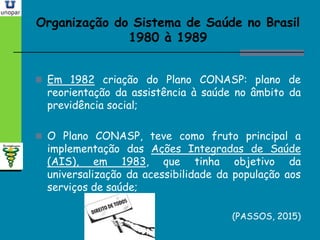 Organização do Sistema de Saúde no BrasilOrganização do Sistema de Saúde no Brasil
1980 à 19891980 à 1989
 Em 1982 criação do Plano CONASP: plano de
reorientação da assistência à saúde no âmbito da
previdência social;
 O Plano CONASP, teve como fruto principal a
implementação das Ações Integradas de Saúde
(AIS), em 1983, que tinha objetivo da
universalização da acessibilidade da população aos
serviços de saúde;
(PASSOS, 2015)
 