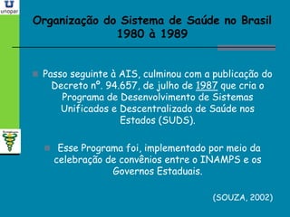 Organização do Sistema de Saúde no BrasilOrganização do Sistema de Saúde no Brasil
1980 à 19891980 à 1989
 Passo seguinte à AIS, culminou com a publicação do
Decreto nº. 94.657, de julho de 1987 que cria o
Programa de Desenvolvimento de Sistemas
Unificados e Descentralizado de Saúde nos
Estados (SUDS).
 Esse Programa foi, implementado por meio da
celebração de convênios entre o INAMPS e os
Governos Estaduais.
(SOUZA, 2002)
 