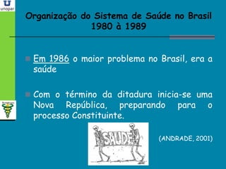 Organização do Sistema de Saúde no BrasilOrganização do Sistema de Saúde no Brasil
1980 à 19891980 à 1989
 Em 1986 o maior problema no Brasil, era a
saúde
 Com o término da ditadura inicia-se uma
Nova República, preparando para o
processo Constituinte.
(ANDRADE, 2001)
 