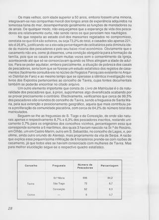 Os mais velhos, com idade superior a 50 anos, embora fossem uma minoria,
integravam-se nas companhas mercê dos longos anos de experiência adquiridos na
temerosa faina do mar, desempenhando geralmente as funções de mandadores ou
de arrais. De qualquer modo, não esqueçamos que a esperança de vida dos pesca­
dores era relativamente curta, não sendo raros os que pereciam nos naufrágios.
No que respeita ao estado civil dos mareantes registados no compromisso,
constata-se que 604 são solteiros, ou seja 73,2% do total, e casados são apenas 221,
isto é 26,8%, justificando-se a elevada percentagem de celibatários pela diminuta ida­
de da maioria dos pescadores e pelo seu baixo nível económico. Obviamente que o
casamento não era, como já dissemos, uma condição obrigatória para a formação da
família, pois que os casais se uniam muitas vezes sem o consentimento da Igreja,
acontecendo até que só se consorciavam quando os filhos atingiam a idade de adul­
tos. Para se poder aquilatar, embora parcialmente, a situação de pobreza dos casais
de pescadores, seria bom que se fizesse um estudo estatístico dos registos de casa­
mentos (facilmente consultáveis no núcleo de Registos Paroquiais existente no Arqui­
vo Distrital de Faro) e ao mesmo tempo que se operasse a idêntica investigação nos
livros dos Expostos pertencentes ao concelho de Tavira, cujas fontes documentais
também se poderão encontrar no citado arquivo.
Um outro elemento importante que consta do Livro de Matrículas é o da natu­
ralidade dos pescadores que, à priori, supúnhamos algo diversificada acabando por
se provar precisamente o contrário. Efectivamente, verificamos que cerca de 99,5%
dos pescadores são oriundos do concelho de Tavira, sendo a freguesia de Santa Ma­
ria, pela sua extenção e posicionamento geográfico, aquela que mais contribuiu pa­
ra a proliferação da comunidade piscatória, com cerca de 84,2% do número total dos
matriculados.
Seguem-se-lhe as freguesias de S. Tiago e da Conceição, de onde são natu­
rais apenas e respectivamente 8,7% e 6,3% dos pescadores inscritos, restando uni­
camente 0,7% para os originários dos concelhos vizinhos, percentagenm essa que
corresponde somente a 6 marítimos, dos quais 3 haviam nascido na Sr.âdo Rosário,
em Olhão, um em Castro Marim, outro em S. Sebastião, no concelho de Lagos, e, por
último, ainda outro oriundo do Alentejo, mais propriamente da vila de Serpa. A razão
que explica essa pequeníssima infiltração de 6 forasteiros prende-se com razões de
casamento, já que todos eles se haviam consorciado com mulheres de Tavira. Mas
para melhor elucidação segue-se o respectivo quadro estatístico.
Concelho Freguesia Número de
Pescadores
Percentagem
St.8 Maria 695 84,2
Tavira São Tiago 72 8,7
Conceição 52 6,3
Outros — 6 0,7
28
 